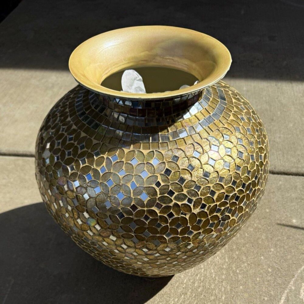 Pier 1 Gold Silver Mosaic Glass Vase about 14 in Textured Decorative Pattern